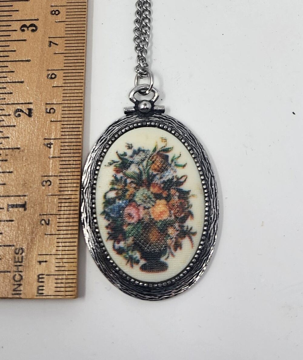 Vintage Sarah Coventry Cross Stitch Flower Basket Pendant Necklace Silver Tone